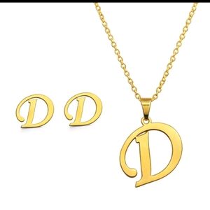 Gold Tone Stainless Steel Monogram Letter "D" Earring And Necklace Set